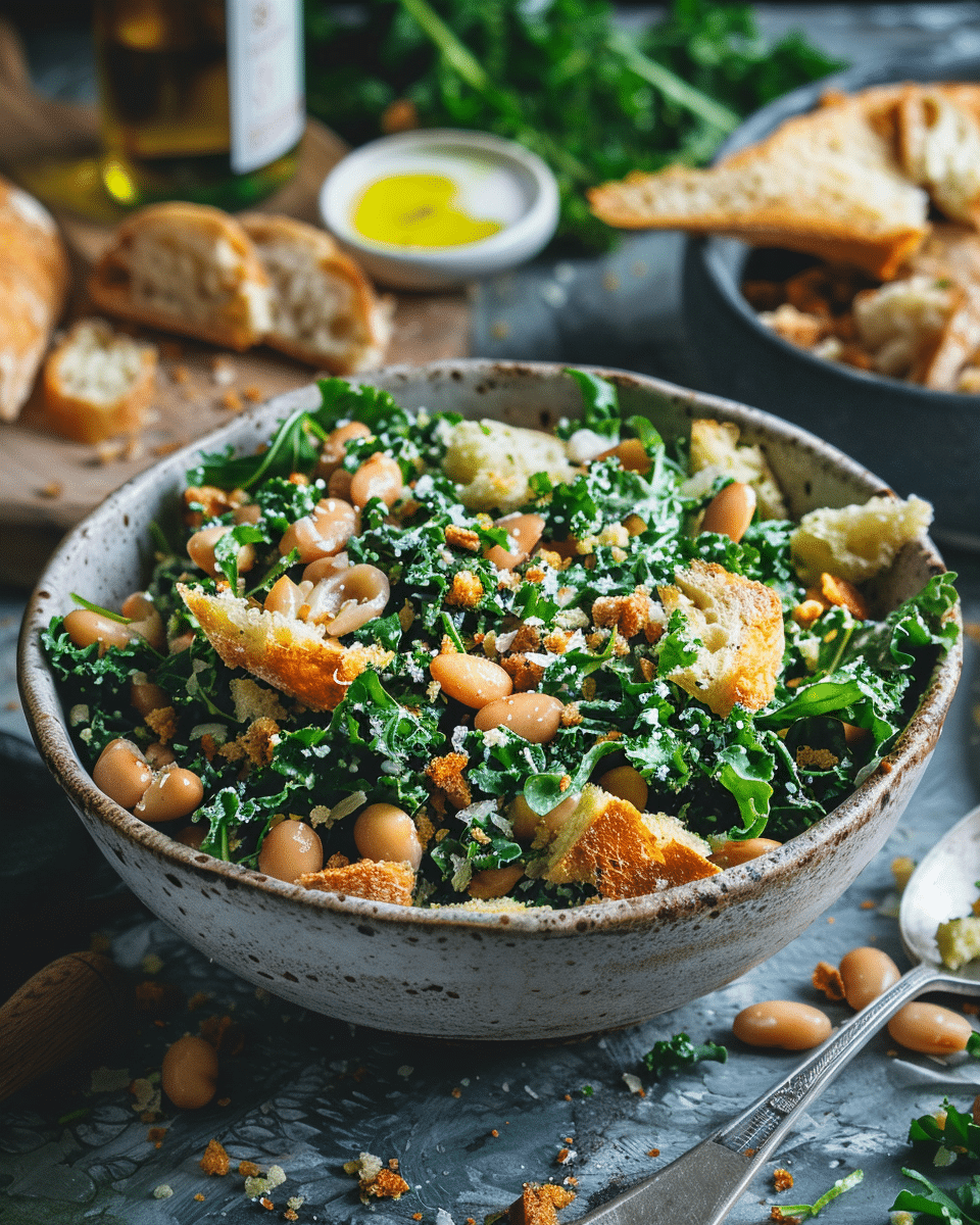 Kale Arugula Butter Bean Salad with Mustard Tahini & Garlicky Bread Crumbs