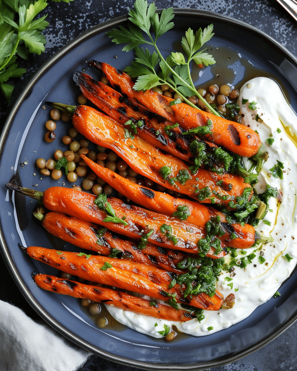 Grilled Carrots with Lentils & Roasted Garlic Chive Yogurt Sauce