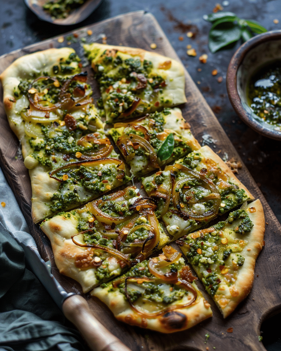 Caramelized Onion Pesto Flatbread Pizza Recipe