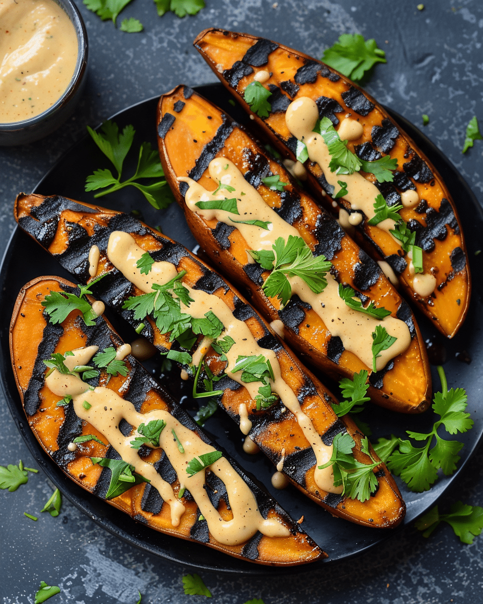 Grilled Sweet Potatoes with Chili Lime Tahini Sauce
