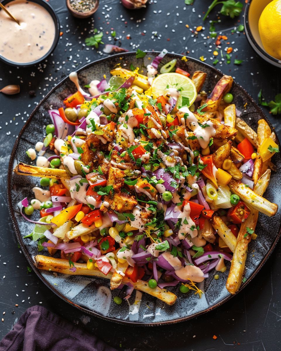 Loaded Shawarma-Spiced Fries with Crunchy Veg Salad and Lemony Tahini
