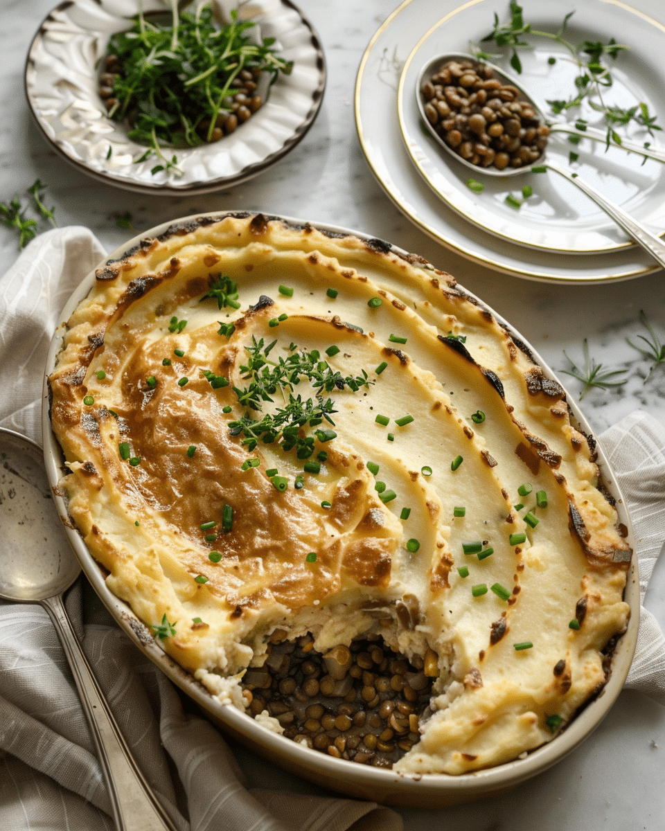 French Onion Shepherd’s Pie with Lentils & Creamy Cauliflower Potato Mash Recipe